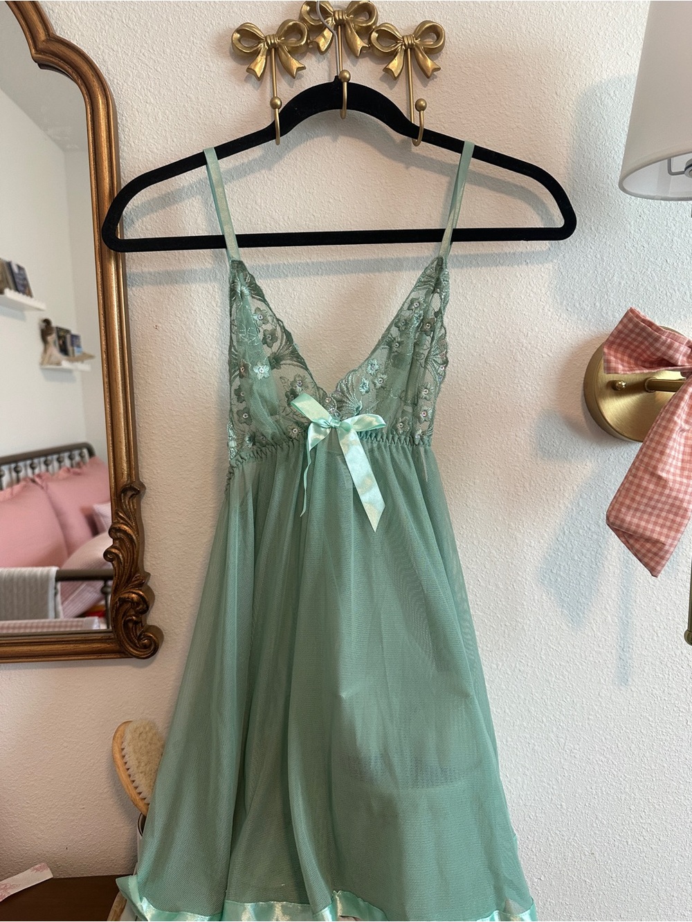 Sheer Lace & Satin Trim Chemise - Sage Green